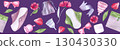 Menstrual cups, reusable pads, pouches, bows, ribbons, flowers, petals watercolor seamless pattern on purple background. Eco friendly feminine hygiene design for sustainability, womens health projects 130430330