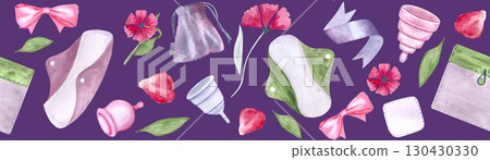 Menstrual cups, reusable pads, pouches, bows, ribbons, flowers, petals watercolor seamless pattern on purple background. Eco friendly feminine hygiene design for sustainability, womens health projects 130430330