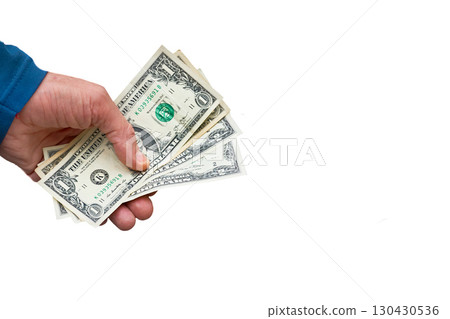 Investment.Human male hands holding small dollar bills Investment.Human male hands holding small dollar bills 130430536