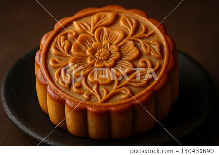 Traditional golden brown mooncake with intricate carved surface placed on a dark backdrop. Moon cake festival concept Traditional golden brown mooncake with intricate carved surface placed on a dark backdrop. Moon cake festival concept 130430690