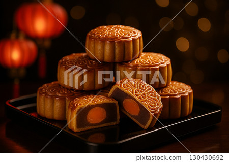 Elegant mooncakes with tea set presented in luxurious festive style. Moon cake festival concept Elegant mooncakes with tea set presented in luxurious festive style. Moon cake festival concept 130430692
