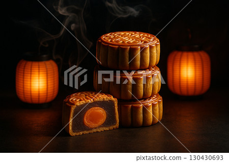 Stacked mooncakes beside glowing lanterns creating festive night mood. Moon cake festival concept Stacked mooncakes beside glowing lanterns creating festive night mood. Moon cake festival concept 130430693