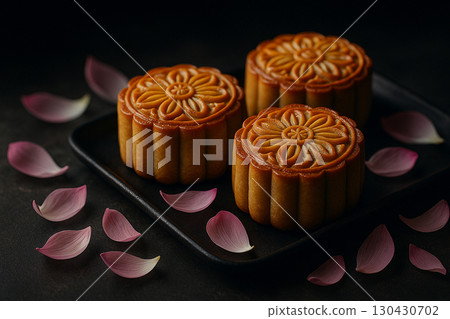 Golden mooncake presented with flower petals around creating festive elegance. Moon cake festival concept 130430702