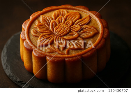 Beautifully designed mooncake with floral pattern presented on a wooden stand with warm lighting. Moon cake festival concept 130430707