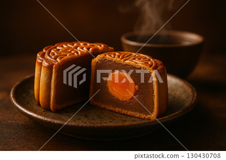 Mooncake cut open revealing filling displayed on wooden tray with soft lighting. Moon cake festival concept 130430708