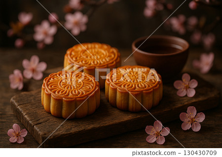 Golden mooncakes with blossom flowers symbolizing beauty and prosperity. Moon cake festival concept 130430709