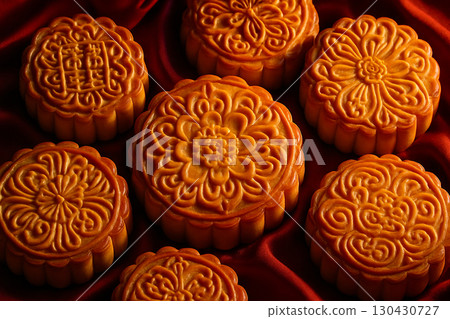 Close-up of golden mooncakes grouped together showing texture and detailed patterns. Moon cake festival concept 130430727
