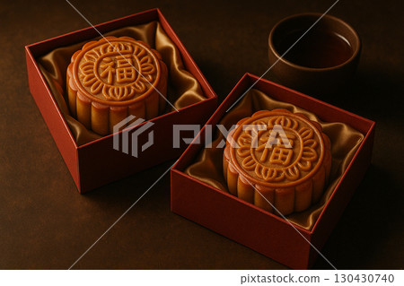 Classic square mooncakes arranged in box for elegant gifting tradition. Moon cake festival concept Classic square mooncakes arranged in box for elegant gifting tradition. Moon cake festival concept 130430740