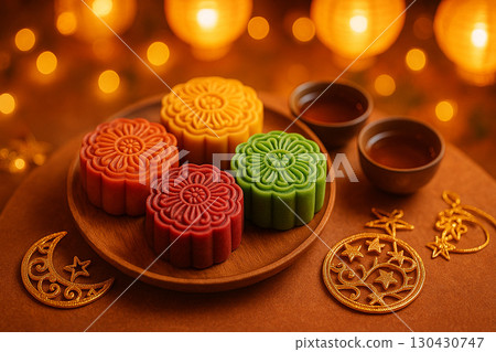 Decorative colorful mooncakes presented neatly on red wooden tray. Moon cake festival concept Decorative colorful mooncakes presented neatly on red wooden tray. Moon cake festival concept 130430747