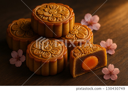 Stack of mooncakes with flowers symbolizing prosperity and good fortune. Moon cake festival concept Stack of mooncakes with flowers symbolizing prosperity and good fortune. Moon cake festival concept 130430749