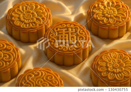 Mooncake close-up showing intricate traditional square carving detail. Moon cake festival concept 130430755
