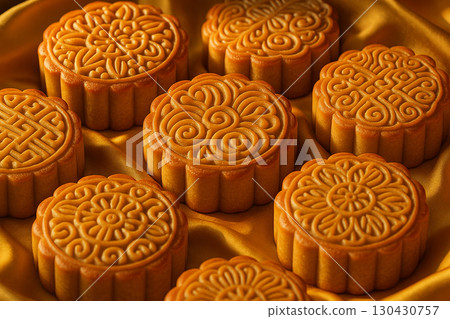 Group of golden mooncakes with ornate carvings displayed under warm lighting. Moon cake festival concept 130430757
