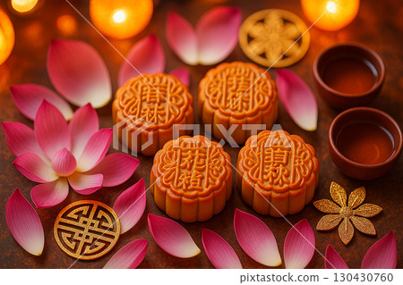 Assorted mooncakes with colorful flowers creating traditional celebratory mood. Moon cake festival concept Assorted mooncakes with colorful flowers creating traditional celebratory mood. Moon cake festival concept 130430760