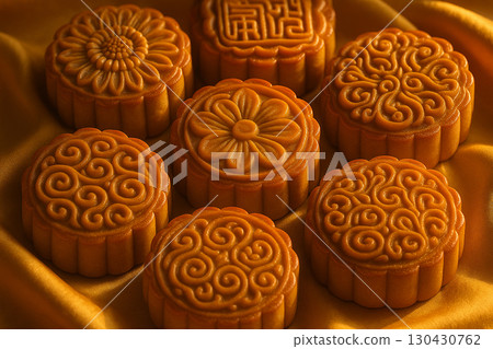 Assorted mooncakes arranged in circular pattern on wooden tray highlighting traditional unity. Moon cake festival concept Assorted mooncakes arranged in circular pattern on wooden tray highlighting traditional unity. Moon cake festival concept 130430762