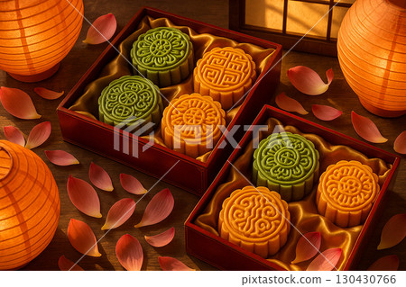 Colorful mixed mooncakes in decorative arrangement creating festive cultural display of abundance. Moon cake festival concept. Colorful mixed mooncakes in decorative arrangement creating festive cultural display of abundance. Moon cake festival concept. 130430766