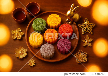 Bright colorful mooncakes displayed in round tray with golden lighting. Moon cake festival concept Bright colorful mooncakes displayed in round tray with golden lighting. Moon cake festival concept 130430768