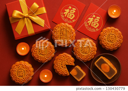 Assorted mooncakes on red festive background with golden gift box. Moon cake festival concept 130430779