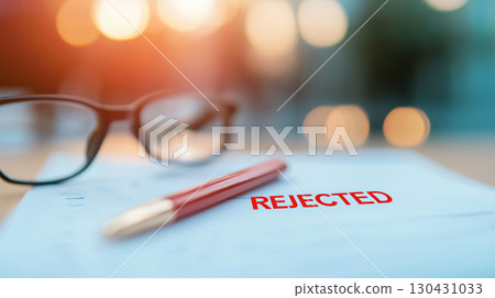Rejected document with red stamp, pen, and glasses on table, evoking disappointment and reflection on missed opportunities 130431033