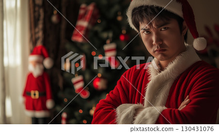 憤怒的日本男子打扮成聖誕老人,雙手交叉 憤怒的日本男子打扮成聖誕老人,雙手交叉 130431076