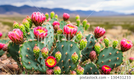 Landscape background Cactus with vibrant pink flowers blooming in desert landscape, showcasing nature beauty and resilience. scene captures essence of arid environments 130431233