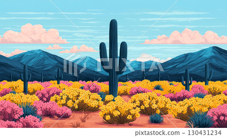 Landscape background vibrant desert landscape filled with blooming wildflowers and cacti, showcasing stunning array of colors against backdrop of mountains and blue sky 130431234