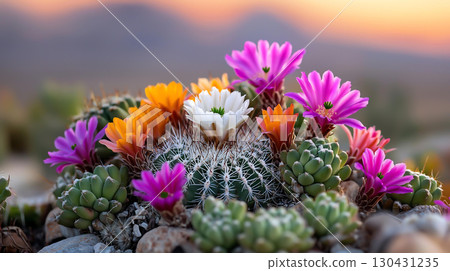 Landscape background Blooming cacti with vibrant flowers in desert landscape at sunset. colorful blossoms create stunning contrast against arid background, showcasing nature beauty 130431235