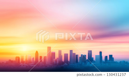 Cityscape background vibrant city skyline at sunset, showcasing skyscrapers silhouetted against colorful sky. warm hues of orange, pink, and blue create serene atmosphere 130431237