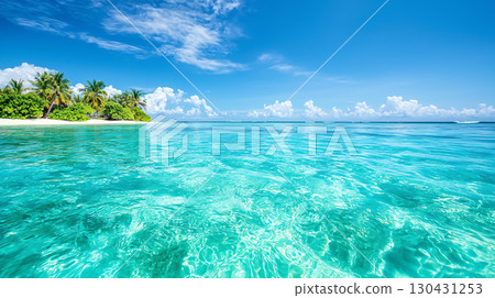 Landscape background Crystal clear ocean waters with visible coral reefs and lush greenery. vibrant blue sky complements serene tropical landscape, creating peaceful and inviting atmosphere 130431253