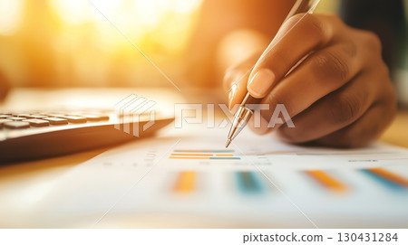 person analyzing financial data taxes calculation with pen and calculator, focusing on graphs and charts in sunlit office person analyzing financial data taxes calculation with pen and calculator, focusing on graphs and charts in sunlit office 130431284
