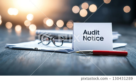 close up of audit notice letter next to tax forms and red pen on wooden desk, with blurred lights in background, creating focused and professional atmosphere close up of audit notice letter next to tax forms and red pen on wooden desk, with blurred lights in background, creating focused and professional atmosphere 130431289