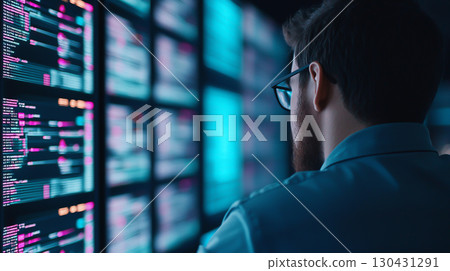 man in glasses analyzes digital tax data on multiple screens in dimly lit room, focusing intently on colorful graphs and numbers displayed man in glasses analyzes digital tax data on multiple screens in dimly lit room, focusing intently on colorful graphs and numbers displayed 130431291