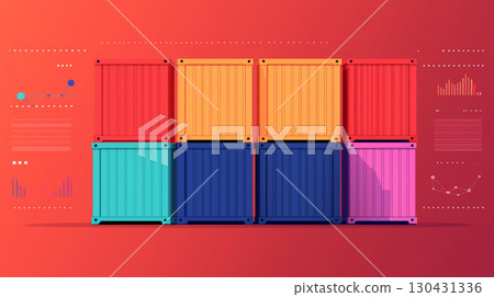 Colorful shipping containers stacked against red background, surrounded by abstract graphs and charts, symbolizing global trade and impact of tariffs Colorful shipping containers stacked against red background, surrounded by abstract graphs and charts, symbolizing global trade and impact of tariffs 130431336