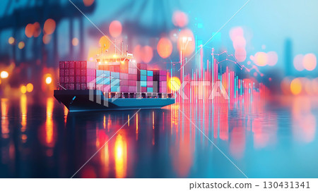 cargo ship sails through vibrant port, with colorful containers and glowing data charts illustrating global trade dynamics and impact of tariffs on international commerce 130431341