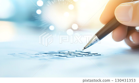 hand holding pen is poised over document, suggesting focus and precision in writing or calculations. background is softly blurred, with bright, glowing effect adding sense of clarity and inspiration 130431353