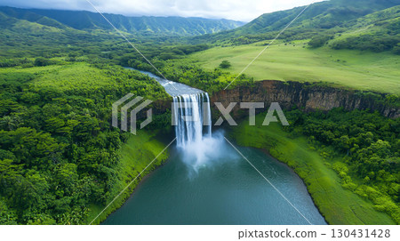 Landscape background Aerial view of stunning waterfall cascading into lush green valley, surrounded by mountains and dense vegetation, creating serene and picturesque landscape 130431428