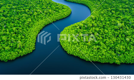 Landscape background Aerial view of winding river surrounded by lush green forests, showcasing beauty of nature and tranquility. vibrant greenery reflects serene environment 130431430