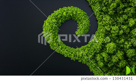 Landscape background Aerial view of winding lake surrounded by lush green trees, showcasing nature beauty and tranquility. vibrant greenery creates serene atmosphere 130431431