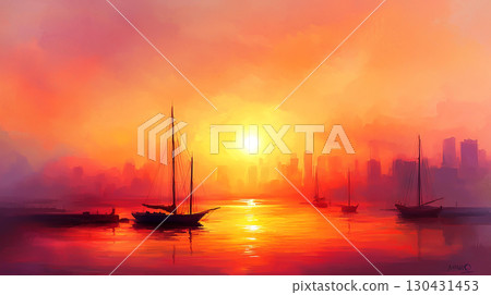 Landscape background vibrant sunset over coastal city skyline, with boats in harbor reflecting warm colors. scene evokes tranquility and beauty 130431453