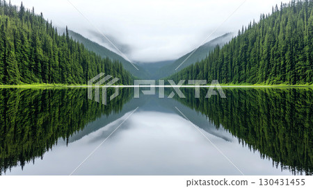 Landscape background tranquil lake reflects dense evergreen forests and misty mountains, creating serene and picturesque landscape. calm water enhances beauty of nature Landscape background tranquil lake reflects dense evergreen forests and misty mountains, creating serene and picturesque landscape. calm water enhances beauty of nature 130431455