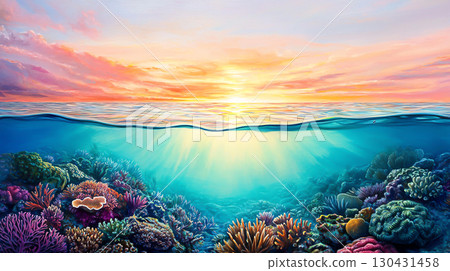 Landscape background vibrant underwater scene showcasing colorful coral reefs beneath serene sunset. crystal clear ocean waters reveal stunning array of marine life and coral formations 130431458
