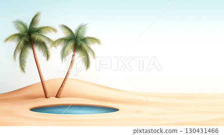 Landscape background serene desert oasis featuring two palm trees and small pool of water surrounded by soft sand dunes, evoking sense of tranquility and relaxation 130431466