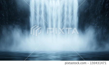 Landscape background Dramatic waterfall cascading over dark volcanic rocks, creating mist and serene atmosphere. powerful flow contrasts with calm water below, evoking tranquility 130431471