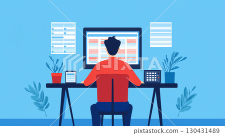 employee in red shirt is adjusting withholding settings on online platform, sitting at desk with computer, smartphone, and office supplies, surrounded by plants and documents 130431489