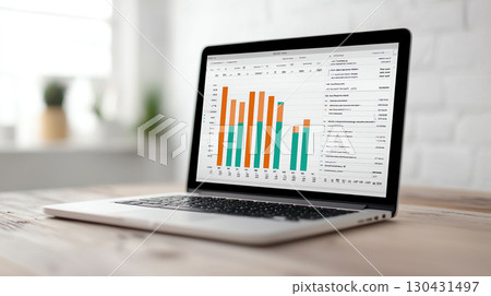 laptop displaying colorful spreadsheet with income and withholding amounts, set in bright workspace. data visualization highlights financial trends and analysis laptop displaying colorful spreadsheet with income and withholding amounts, set in bright workspace. data visualization highlights financial trends and analysis 130431497