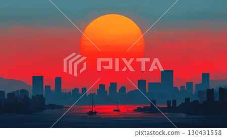 Landscape background vibrant sunset over coastal city skyline, featuring silhouettes of buildings and boats on water, creating serene atmosphere Landscape background vibrant sunset over coastal city skyline, featuring silhouettes of buildings and boats on water, creating serene atmosphere 130431558