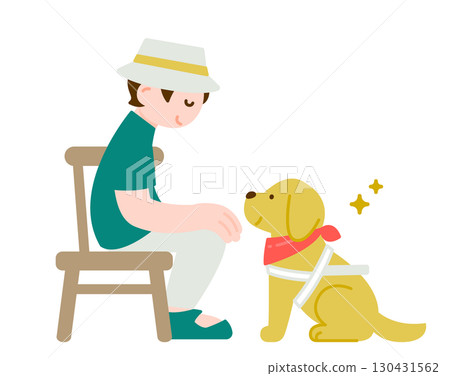 A blind person and their guide dog sitting on a chair in a cafe 130431562