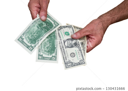 Pension.Human male hands holding small dollar bills 130431666