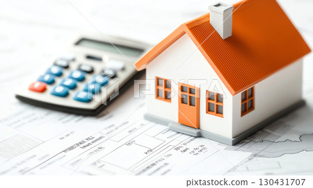 property tax assessment form with calculator and model house. This represents real estate evaluation and financial planning 130431707