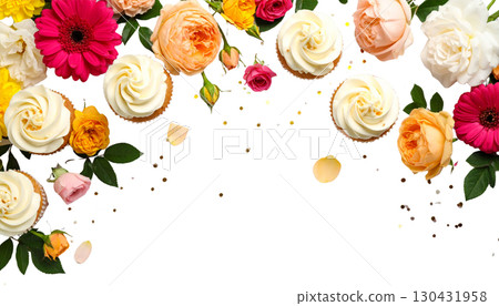 Flowers: Bright illustrations and flowers form a decorative border, isolated on a white background. Flowers: Bright illustrations and flowers form a decorative border, isolated on a white background. 130431958