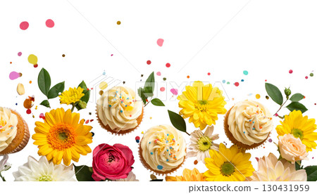 Flowers: Bright illustrations and flowers form a decorative border, isolated on a white background. Flowers: Bright illustrations and flowers form a decorative border, isolated on a white background. 130431959